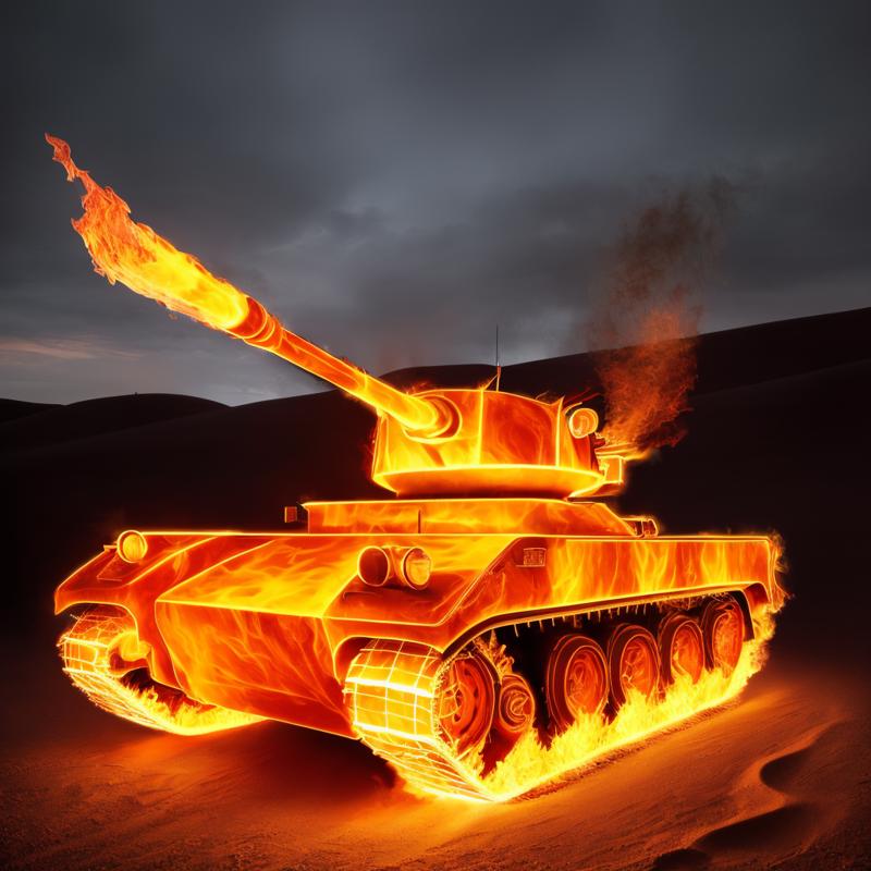 00952-1395213670-a (firecd, fire, flame, burning) tank, on sand, (solo_1.2), , no humans, high quality, masterpiece, realistic, photorealistic, (.png